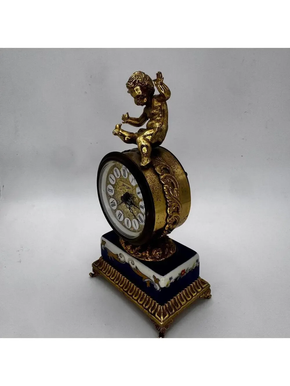 Vintage Jerger Cherub Mantel Clock: Cobalt Blue Porcelain, Gold Gilt, Working